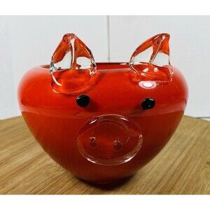 Vintage Collectible RED  Art glass PIGGY Candy dish 4" tall  / 5" diameter